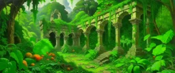 Ruins in a green jungle filled with fruit painted by Frank Wilson