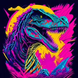 Detailed dinosaur graphic in synthwave style with vibrant pop colors for a t-shirt design.