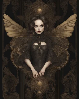 gothic, steampunk delicate metal woman, moth, wings, black background