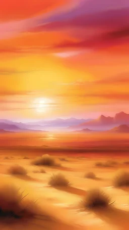 Envision a striking scene set against the backdrop of a vast desert landscape, where the sun hangs low on the horizon, casting a warm, golden glow across the sandy terrain. The sky above is painted with hues of orange and pink as the day transitions into evening.