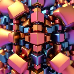 a mandelbox 3d fractal made of small metallic random color cubes