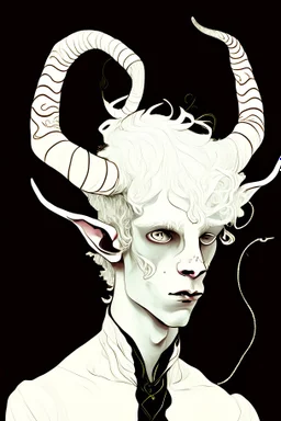 young satyr male albino alchemist with goat horns in the style of Aubrey Beardsley