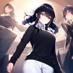 Clear focus, High resolution, short black fluffy hair, purple eyes, long spiky locks, wearing a black sweater with a white collar, long sleeved shirt, wearing white shorts, angry