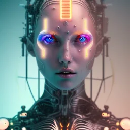 singer Danish MØ face, lumen lighting, led lights, <hanging wires> many wires connected to the head<perfect pupil> <cyborg> <garage> <sci-fi futuristic>