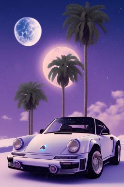 1980's aesthetic vaporwave palm trees with lighting with moon with porsche in the winter snow