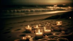 antique analog vintage, A beach setting at dusk with a balanced arrangement of seashells scattered in the sand, illuminated by the soft glow of lanterns nearby., stained vignette, highly detailed found footage, desaturated faded film, film skratches and dust