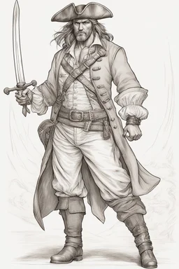 ,make a hero strong human, very realistic, fine line drawn. Make it wearing a pirate dress standing with sword in hand