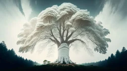 Giant white tree in a small sized forest reaching in to the sky.