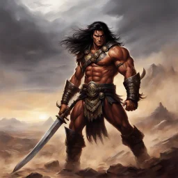 In the desolate steppe, Conan stands tall, Fierce eyes blazing, his grip tight on a warhammer's thrall. His hair wild, the wind whipping through, A warrior's gaze, piercing and true. Muscles honed by battles fought, Scars etched on his face, lessons hard-wrought. Warhammer gleaming, a weapon of might, Conan embodies strength, a force to ignite. Defiance and resilience in his every stance, A symbol of justice, ready to advance. With untamed power and unwavering will, Conan's legend grows, his des