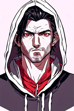 40-year-old boy with black hair and a hairstyle with red-colored eyes in a hoodie cloak , smirk