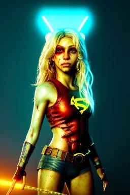 portrait, Shakira, blonde, angry, Realistic image, superhero, watchmen style, gold make-up, blood, sweat, fog, goddess style, Neon colors, leds. Black background, photo studio, concept art, smooth, unreal engine 5, god lights, ray tracing, RTX, lumen lighting, ultra detail, volumetric lighting, 3d, finely drawn, high definition, 4k.