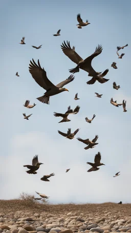 Birds carrying stones in their legs, flying in a clear sky