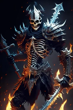 dark armored skeleton warrior with legendary burning halberd