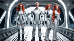Photorealistic picture of a young man in a flight suit with two tall, slender female androids in biosuits, one with red hair and one with white hair, standing on the bridge of a spaceship.