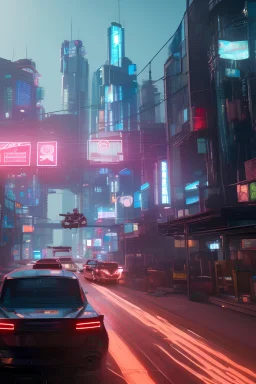 cyberpunk city with a busy crowded cars, flying car, futuristic lights and bill board