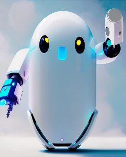 cute minimalistic robot with a big head, egg body, no fingers, digital similing face with pixeled eyes, super happy, white skin, small and plain simple, no buttons, 3/4 angled pose, awesome pose, background white background, oil painting