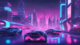 A futuristic cityscape at night with neon lights and flying cars.