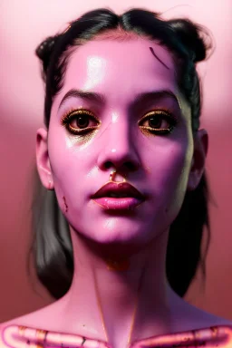 Realistic image, Rosalía artist, portrait, waist up portrait, pink black eye line, sweet, gold and pink geisha style, glow make up, led lights, neon, led piercing nose, led ornament, fog, rain, latex, vibrant color, highly detailed, art stations, concept art, smooth, unreal engine 5, god rays, ray tracing, RTX, lumen lighting, ultra detail, volumetric lighting, 3d, finely drawn, high definition, high resolution.