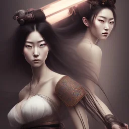 A portrait of a beautiful curvaceous japanese woman samurai with long straight curly black hair, sorceress, magical, ethereal, intricate, sharp lighting, misty. Painting, high quality, Ultra quality 8k.