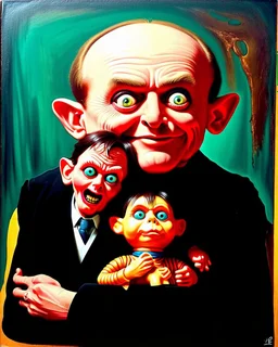 A surrealist painting in the distinctive style of Max Ernst, embracing Dada surrealism, with intricate and clear rendering of every aspect to ensure a deeply disturbing image. The painting features a deranged ventriloquist with wild, frenzied eyes and a twisted, manic smile. He holds a terrified dummy on his lap, made of wax-covered rubber, its eyes wide with fear and its mouth slightly ajar in a silent scream. Behind them, a strange demonic boy with deep red skin and bizarre proportions stands,