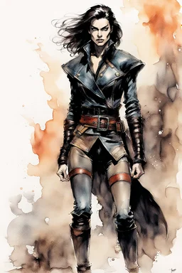 Create an ink wash and watercolor of an epic fantasy Lankhmar female thief character slim in stature, with shoulder length hair, finely lined and detailed facial features, in an fur collared leather doublet and breeches , a short oriental cloth belt at the waist, stealthy soft leather slippers, , in the comic book style of Bill Sienkiewicz, Howard Chaykin, Mike Mignola, Philippe Druillet, and Jean Giraud Moebius, precisely drawn, colored and inked,