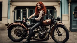 full-height portrait of a woman with straight shoulder-length auburn hair, with metal arms and legs, dressed in leather trousers, and a waistcoat, in a Victorian street next to a steampunk motorbike blue sky