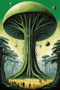 People are planting big green trees, first contact concept art, by Colin McCahon and Jim Burns and Brian Despain, by H.R. Giger, silkscreened mind-bending illustration; sci-fi poster art, asymmetric, vertical scroll of strange geometric symbols, complex biomorphism, technical biomechanics, futurism