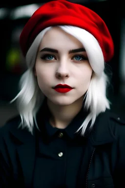 teenager with white hair, black beret, red shirt, black pants and white shirt+