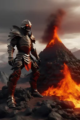 Um cavaleiro medieval em um vulcão com uma armadura de lava