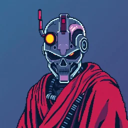 8 bit pixelart of a terminator like robot, synthwave colored, vaporware, budist monk robe