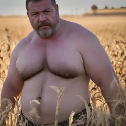 close up photography of a relaxing tired burly chubby stocky muscular tattooed sicilian farmer 60 years old under the sun sitting down in a wheat field,, ugly, manly chest, sweat, with the shirt open, bulging boxer, frontal view from the ground, 35mm lens , countryside