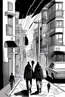 Street, two men walking. Graphic novel style Isabel Kreitz