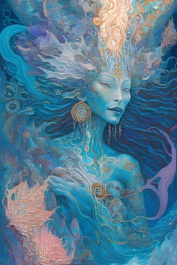 Varuna, god of oceans, in the styles of Chiamonwu Joy, and Flora Bowley, powerful, highly artistic, cohesive, stunning composition, deep Hyperfocal depth, f90, Hyper realistic, Hyper detailed, Post processing, Epic composition, lifelike, high pixel, exquisitely beautiful, flowing, ultra-high-definition 8k, Super crisp, lush colors, kandinsky.