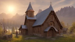 New enormous circular cylindrical wooden church in rural surroundings, and mountains in the far distance, highly detailed, realistic, sunshine, RTX