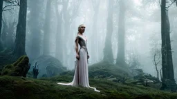 whole body image of beautiful Daenerys Targaryen in a mystical enchanted forest standing next to a dragon, HD 8K, sharp detail, hyperrealistic photo accurate face and features, cinematic lighting