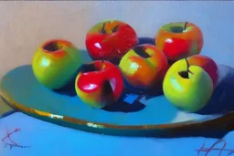 oil painting of apples on a table, style of Peter wileman