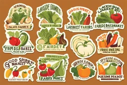 Stickers for a lakeside farmers' market "Good Spirit Market" in a national parks sticker style, featuring illustrations of fresh produce