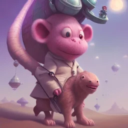 1yo little szymon is on safari onthe moon. riding a pink dinosaur. he has big and a funny hat. High detailed. Cinematic. Digital painting. Warm lights.