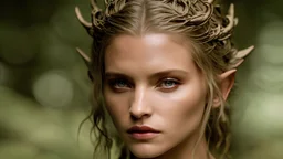 photoreal extreme close-up of a thirty-year-old gorgeous Guardian high priestess of the Eladrin with leather skin with mystical eyes looking like gina carano wearing green and orange garments in an enchanted golden forest at dawn by lee jeffries, otherworldly creature, in the style of fantasy movies, photorealistic, shot on Hasselblad h6d-400c, zeiss prime lens, bokeh like f/0.8, tilt-shift lens 8k, high detail, smooth render, unreal engine 5, cinema 4d, HDR, dust effect, vivid colors