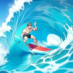 very fit anime surfer boy, surfboard, waves, perfect detail on hands and facial features