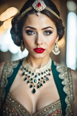 full length, young woman Portrait, detailed eyes, with spectacular red lips, Eyeliner "beautiful eye" with clear eyebrows, dress with a narrow waist, modest jewelry with subtle eyeliner, centered, symmetry, intricate, volumetric lighting, beautiful, rich deep colors masterpiece, sharp focus, ultra detailed, 8K, dslr, no crop, grand ballroom background, normal eyes