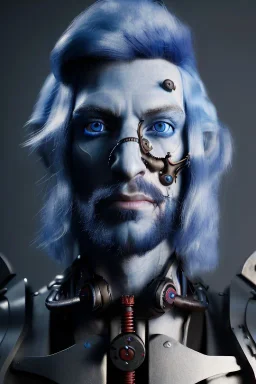 portrait of a male dark elf, with long white hair, haunting blue eyes, and wearing a steampunk exoskeleton powered by gears for a quadriplegic, in high fantasy style