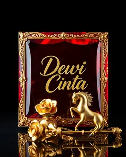 hyper realistic image of a shiny bright red crystal sheild with an intricate gold frame, written text detail "Dewi Cinta " in cursive letter near a gold rose, gold horse, gold bracelet, dark background, ultra HD 64k studio hyperrealism lightning light reflection macro photography sharp focus.