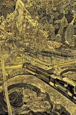 Insanely detailed intricately detailed meticulously detailed hyperdetailed black outline of a train on gold paper, high contrast, beautiful landscape, detailed full-color, nature, HD photography, Josan Gonzalez, Tishk Barzanji, Anne Dittmann, autoCAD