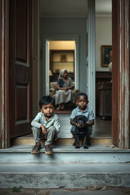 A one year old boy and a black boy , with a small dog , sitting on the door 3 steps of the an old paints cracked house door , in the background a room with old woman sitting on the couch , insanely detailed octane render trending on artstation, 8k artistic photography, photorealistic concept art, soft natural volumetric cinematic perfect light, chiaroscuro, award-winning photograph, masterpieces, oil on canvas, Raphael, Caravaggio, Greg Rutkowski, people,