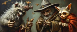 master oil painting with some air brush, fluffy human thief hyena merchant sailor priest racoon gremlin realistic and creepy, straight from the lich lab, in the style of Escher and Titian