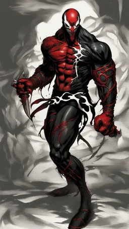 Venom symbiote with kratos red tattoos and Clothes, holding blade of choice