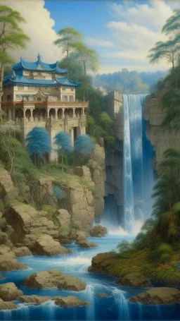 A blue Japanese palace near a waterfall painted by Henri Robert-Bresil