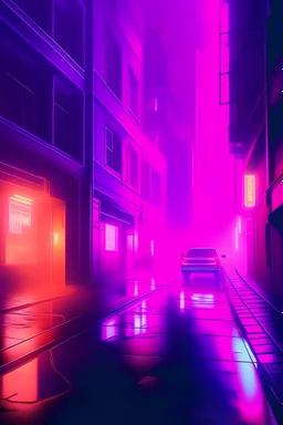the street, color oragne, violet, dark, neons, mist, in style of blade runner