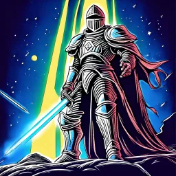 90's retro fantasy art of a heroic space knight with laser sword